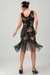 Schwarzes Paillettenkleid mit Fransen und Flapper aus den 1920er Jahren mit 5-teiligem Zubehörset